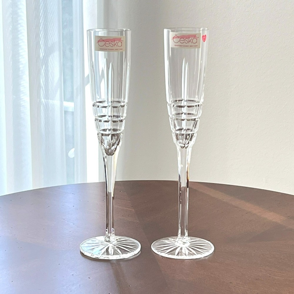 Ceska Solitaire Crystal Champagne Flutes Glasses Vintage NWT 1990s Pair